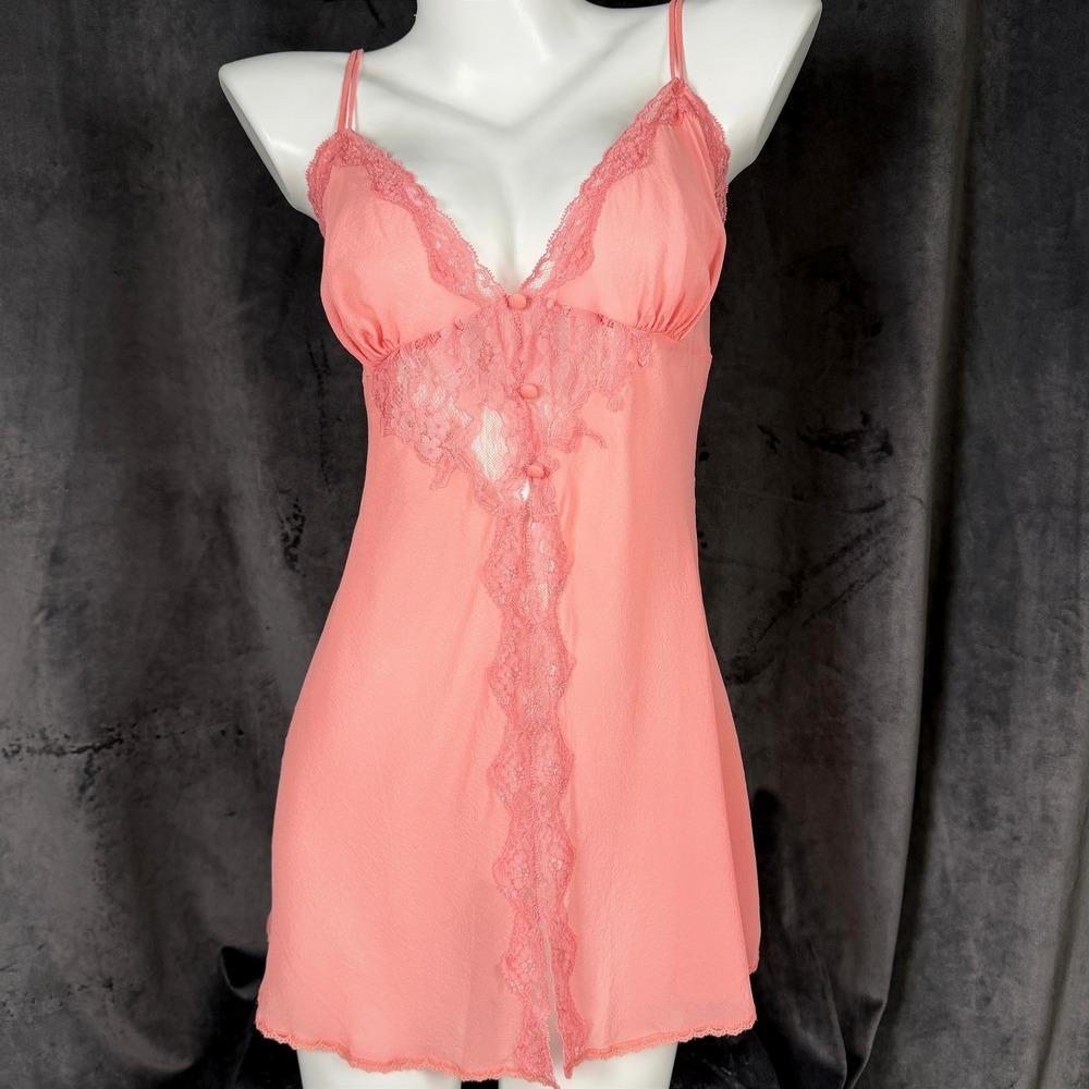 Vintage Victoria Secret Silk Babydoll Fairycore Pink Lace Slip Y2K Coquette L